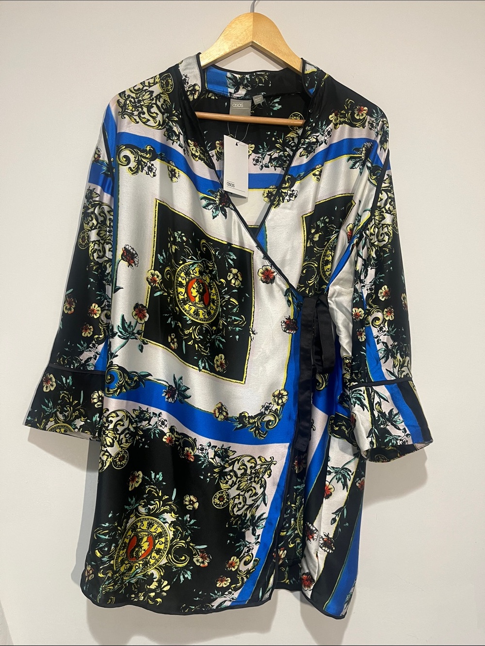 ASOS Black Floral Baroque Wrap Top with Teal Accents
